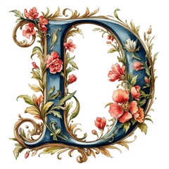 Letter D. Letter design, vintage style, watercolor painting, ai generation