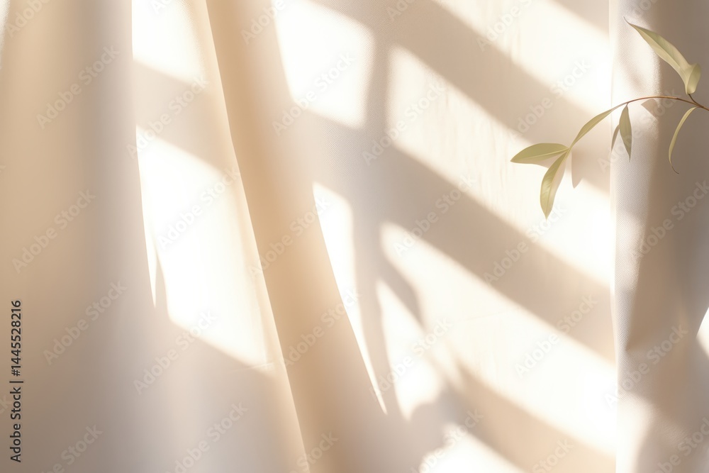 Poster soft sunlight filters through sheer curtains, casting gentle shadows and illuminating a delicate gre