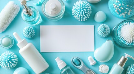 Collection of skincare and beauty products including bottles jars applicators and fluffy balls on a light blue background for personal care routine