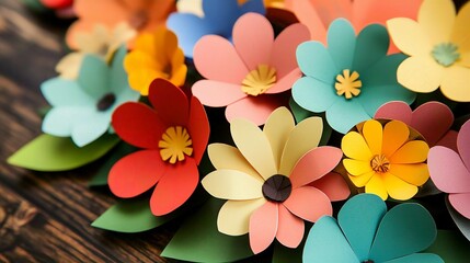 Obraz premium Colorful Paper Flowers: Handmade Craft Decoration for Vibrant Petals and Creative Design with Spring-Themed Floral Art on Wooden Background for Unique Gifts and Festive Decor