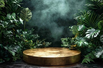 
Golden podium surrounded by lush greenery, creating a luxurious natural setting for showcasing high-end beauty products and cosmetics.