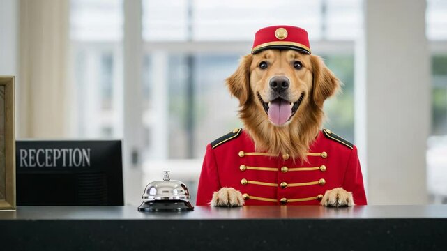 Happy golden retriever bellboy welcoming guests at hotel reception  