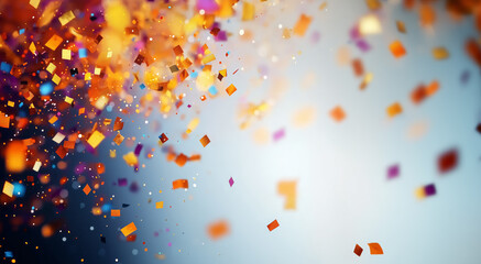 Colorful confetti pieces suspended in mid-air against a gradient background, creating a festive and celebratory atmosphere with motion and light