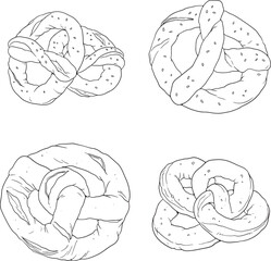 Line art illustration featuring a collection of pretzels in various styles and arrangements. Simple black and white drawing.