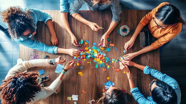 Friends Enjoying Strategy Board Games with Colorful Tokens for a Cozy Game Night &ndash; A Fun Social Gathering of Diverse Participants in a Vibrant and Interactive Teamwork Setting