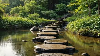 Fototapeta premium Tranquil Pathway Through Lush Green Garden