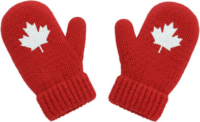 Red Knit Mittens with White Maple Leaf Design Canadian Winter Apparel Warm Accessories
