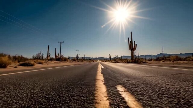 【AI動画】砂漠地帯の道路を路面近くから撮影、道路脇にはサボテンと電柱が立ち並び強い直射日光が照りつける風景
