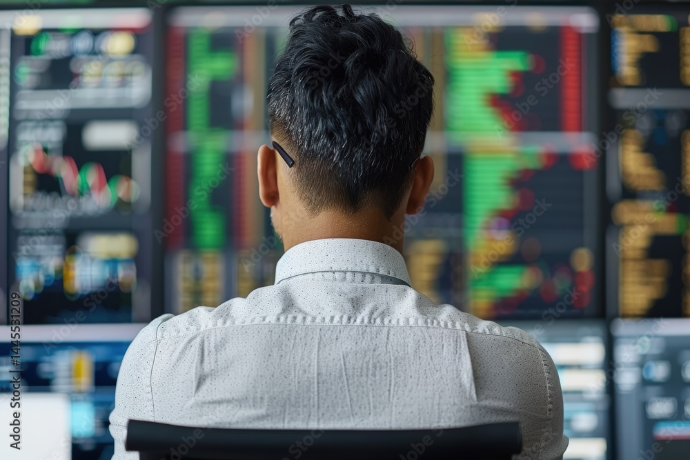 Poster professional analyzing financial data on multiple screens.