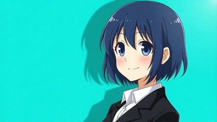 Anime-style digital illustration of a confident young woman with dark blue hair and large expressive eyes, dressed in a black blazer against a vibrant turquoise background.