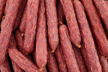 Background of Beef Bavarian Sausages close-up, food concept for backgrounds and backdrops