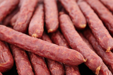 Background of Beef Bavarian Sausages close-up, food concept for backgrounds and backdrops