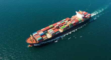 Aerial drone view cargo container ship moving smoothly across calm blue sea water. Smooth sailing, maritime transport, freight shipping concept.