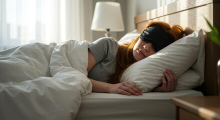 Woman sleeping peacefully wearing pink eye mask comfortable bed rest relaxation night. Peaceful sleep, eye mask comfort, night rest concept.