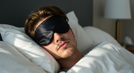 Closeup young man sleeping wearing black eye mask bed comfortable relaxation rest quiet. Close-up sleep, male relaxation, quiet rest concept.