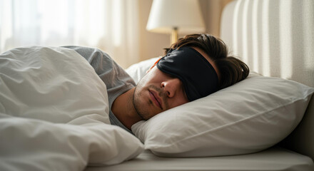 Man wearing sleep mask resting in bed promoting better sleep quality night routine comfort. Better sleep quality, night routine aid, bed comfort concept.