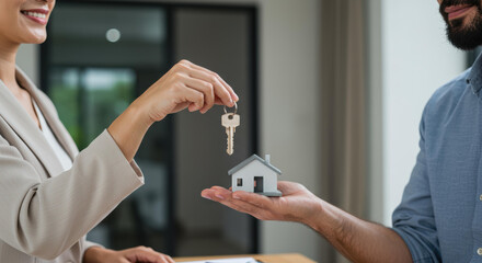 Closeup hands exchanging house keys real estate deal closing ownership transfer agreement success. Home ownership transfer, real estate closing, successful deal concept.