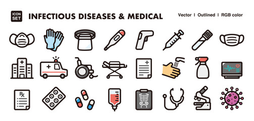 Infectious diseases and medical care illustration icon set.Simple vector outlines, clipart for graphic design.