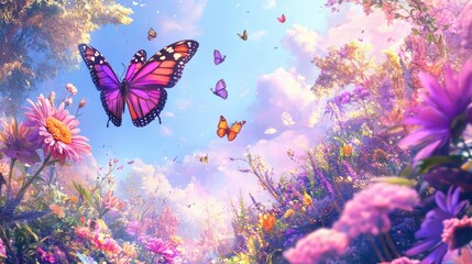 Earth enveloped by purple butterflies and colorful flowers in full bloom