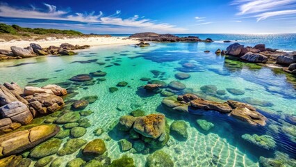 A cluster of saltwater rockpools in a rocky shoreline with crystal clear turquoise water and white sandy beach in background, against a warm sunny sky , nature scenes, australia