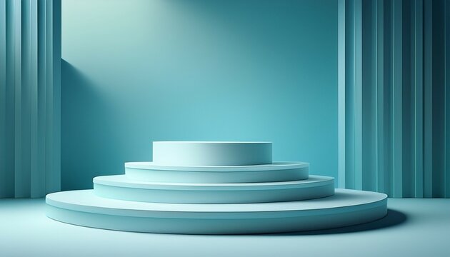 beautiful minimalistic light blue background for product presentation with podiums on different tiers