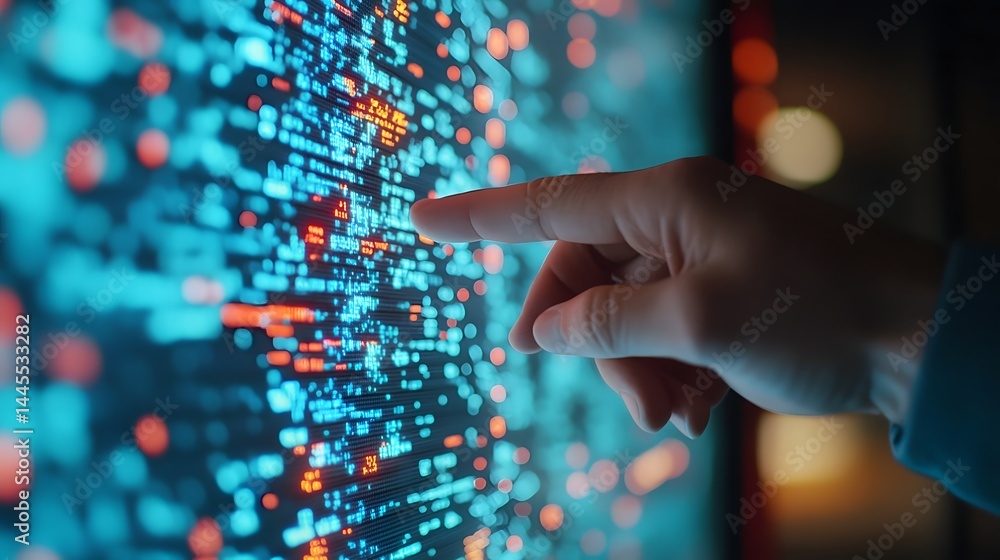 Poster hand pointing at futuristic digital screen with data and technology
