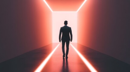 Young professional in a suit stepping into a glowing path of light.