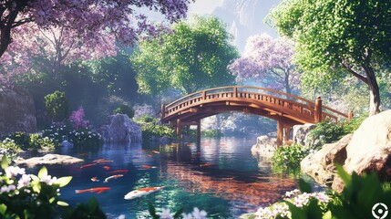 Elegant wooden bridge arching over a koi pond in a peaceful Japanese garden