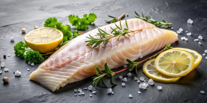 Fresh raw cod fillet with herbs and lemon slices on black stone background, citrus, food,  citrus, food, texture