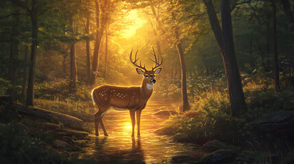 White tail buck forest sunset full body