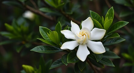 Fototapeta premium Blooming White Flower with Lush Green Leaves Garden Setting