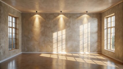 Softly illuminated plaster wall with subtle shadows and gentle light peeking through narrow windows , interior, room