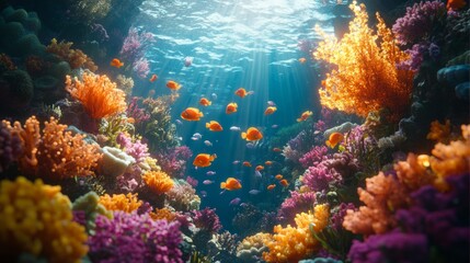 Fototapeta premium Vibrant Coral Reef With Colorful Fish Underwater
