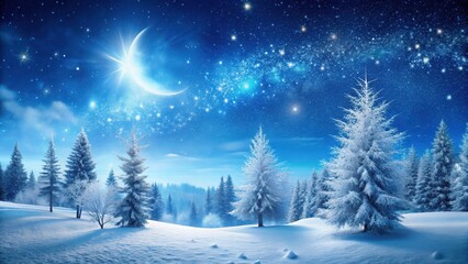 Snowflakes gently falling on a serene winter landscape under a starry night sky with frosty trees and a crescent moon , snowy