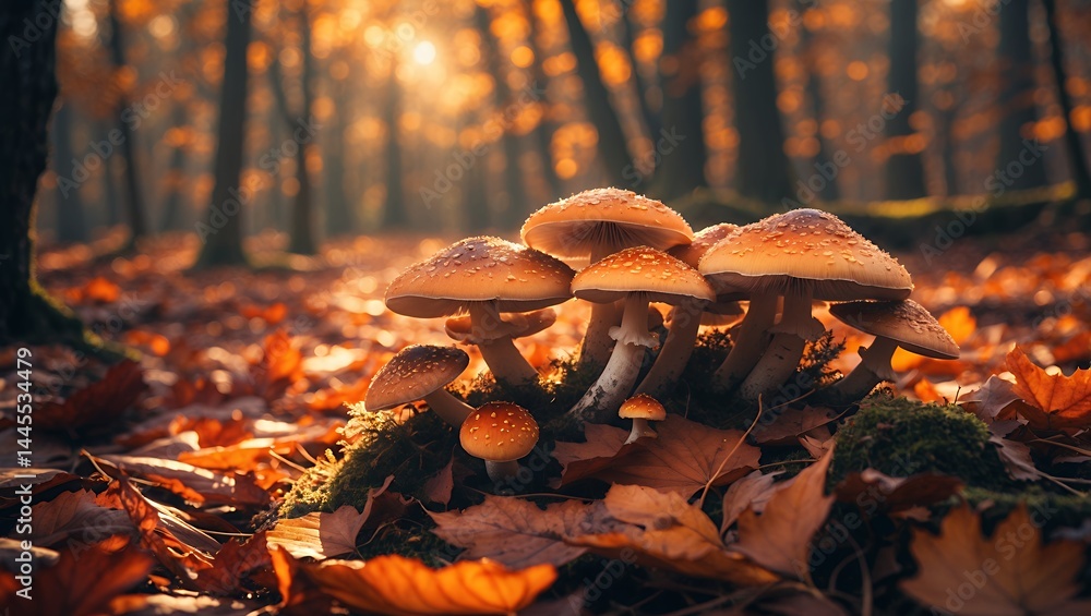 Poster mushroom cluster in autumn forest