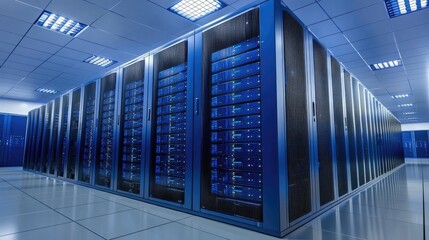 Spacious futuristic data center with illuminated blue servers and mirrored floor reflections, ideal for IT cloud services, infrastructure, and virtualization