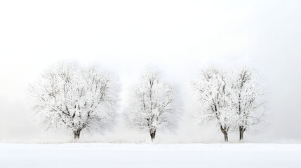 Winter scene of snow-covered trees against pure white background nature photography tranquil environment