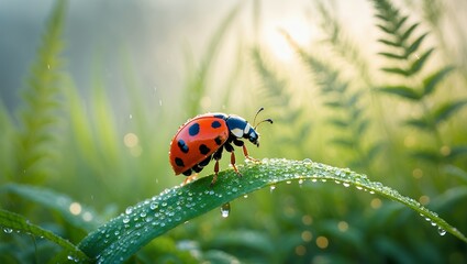 Fototapeta premium Ladybug on a wet leaf in a field