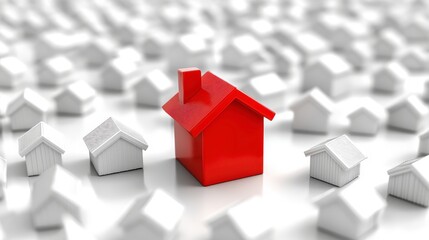 Fototapeta premium Bright red house amidst a cluster of white miniature houses in a conceptual real estate setting