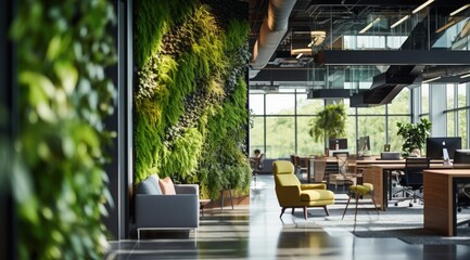 Fototapeta premium Modern office space with lush green plant walls, natural light, open seating, and contemporary decor promoting a sustainable work environment.