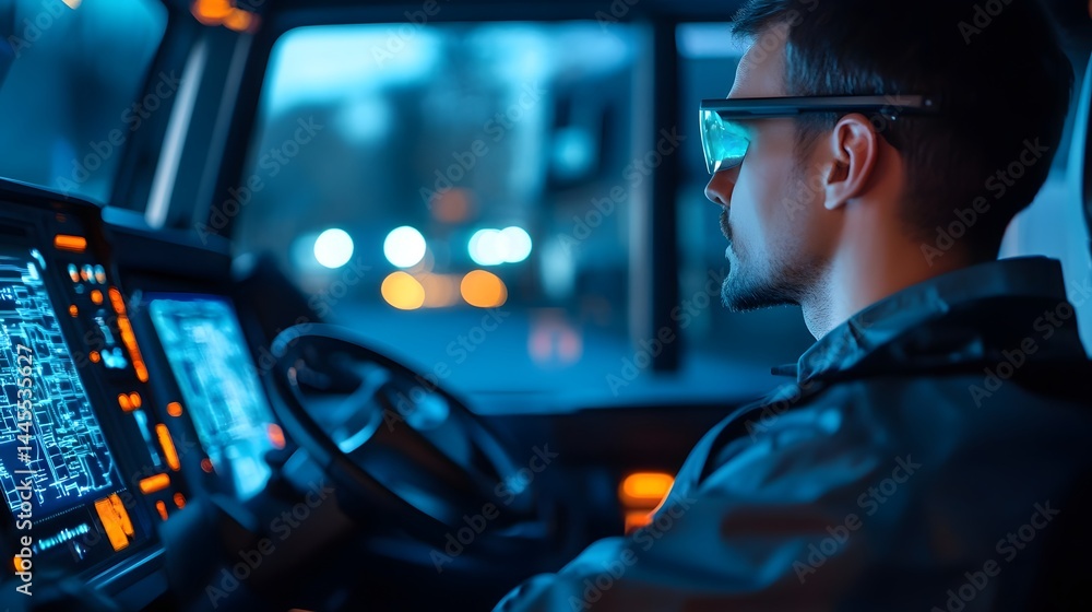 Poster truck driver using futuristic augmented reality navigation system in high-tech cabin