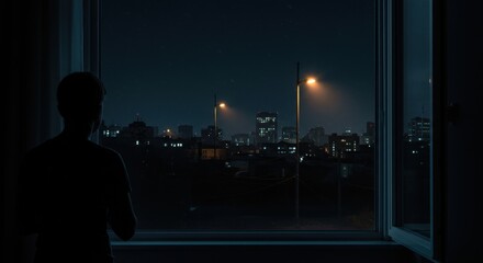 Person watching powerless city through window at night. AI-generated