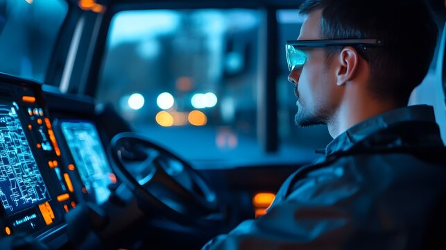 Truck driver using futuristic augmented reality navigation system in high-tech cabin