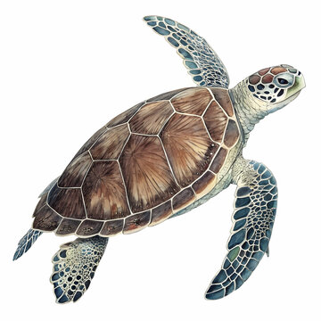 close-up of a sea turtle on white backdrop highlighting its intricate shell patterns