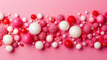 Pink and white decorative balls arranged in a horizontal line on a pink background.