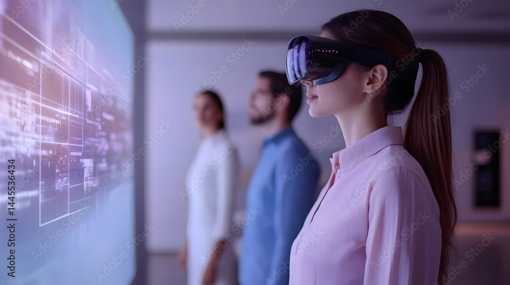 Aufkleber team collaborating with a holographic digital interface for business development