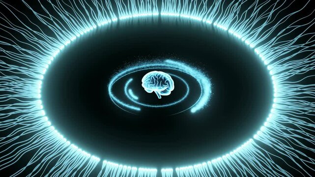 Glowing brain centered in a luminous blue ring of fibrous light streams