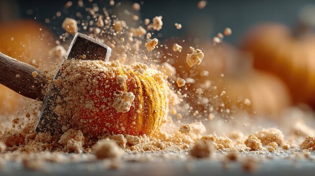 Pumpkin being smashed with a hammer in a dynamic and explosive autumn scene