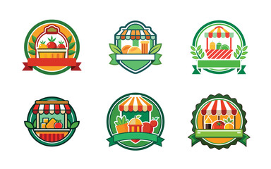 Naklejka premium Colorful Market Stall Logos Fresh Produce and Groceries,