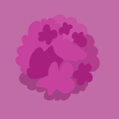 Fototapeta premium This image features an abstract composition of overlapping, flower-like shapes in various shades of pink and purple, set against a solid pink background.